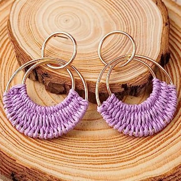 Lavender Woven Raffia Gold Hoop Earrings Wicker Hoops Links Post Vacay Style New - Picture 2 of 5